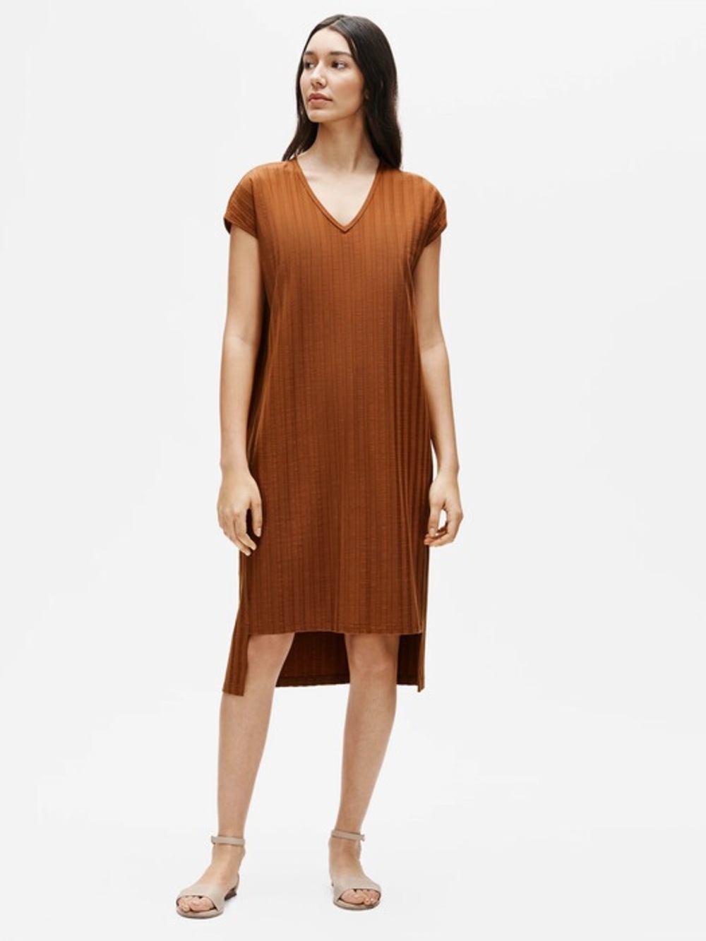 Eileen Fisher Boxy Wide Rib Stretch V-Neck Dress- Sz Medium- Orange